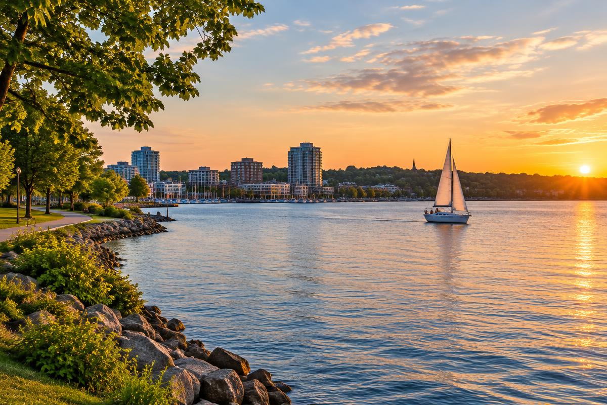 A sailboat on Kempenfelt Bay in Barrie, Ontario at sunset