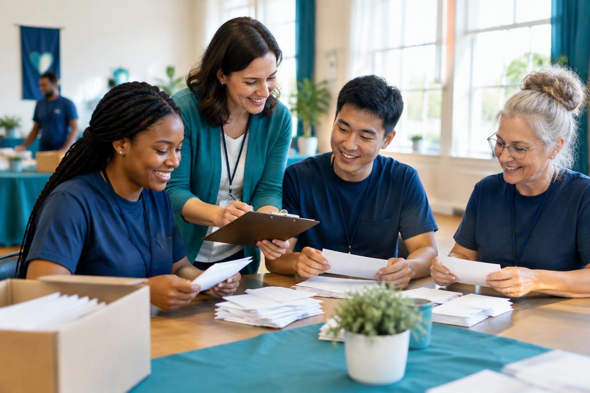 A community team sorting donations together around a table