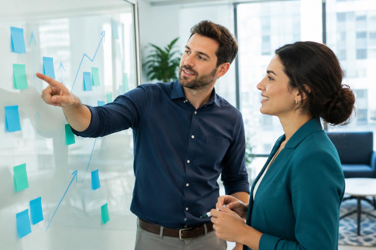 Two colleagues planning together at a whiteboard