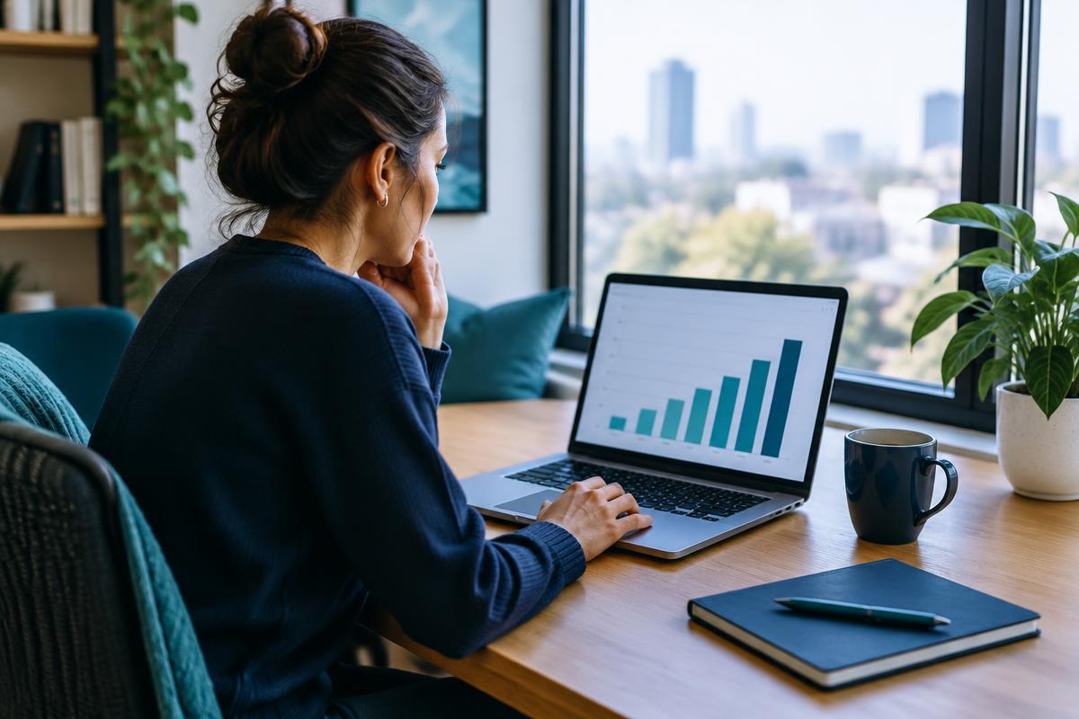 Reviewing a rising growth chart on a laptop by a bright window