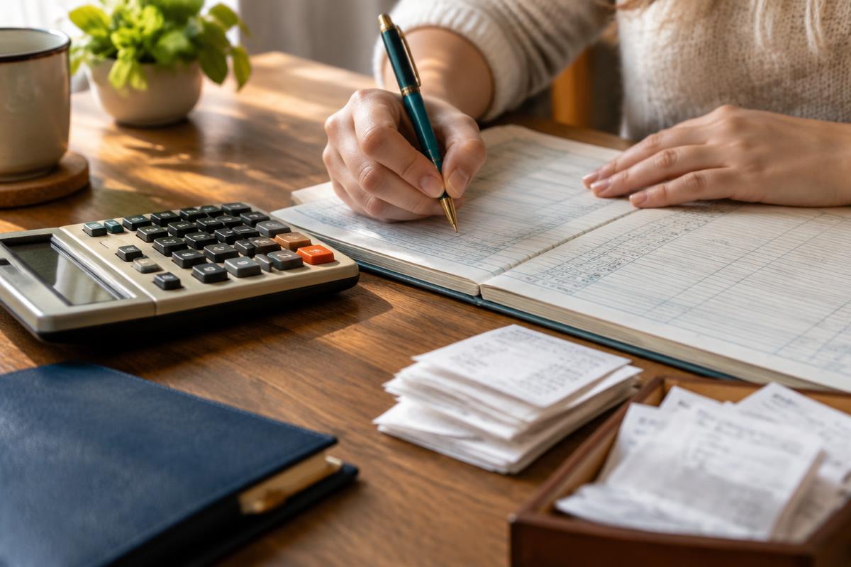 Hands writing in a ledger with a teal pen beside a calculator