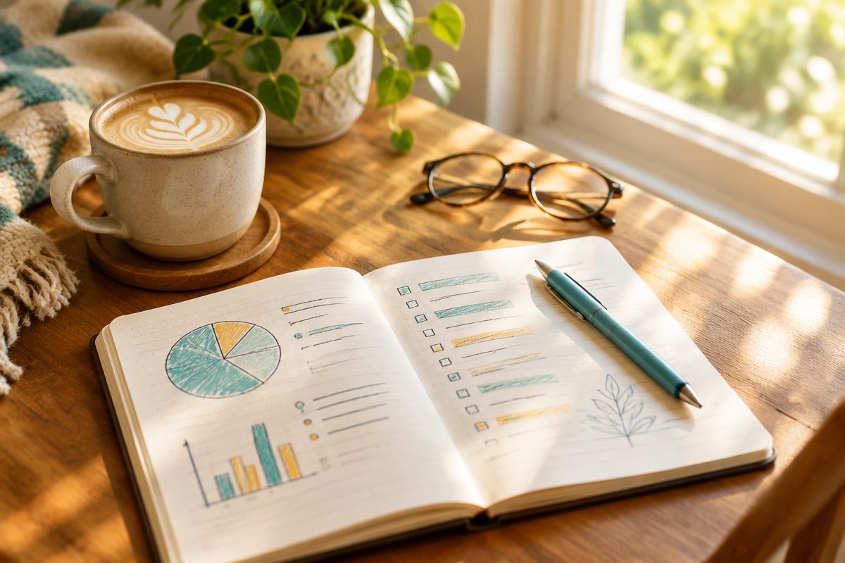An open notebook with a hand-drawn budget beside a latte
