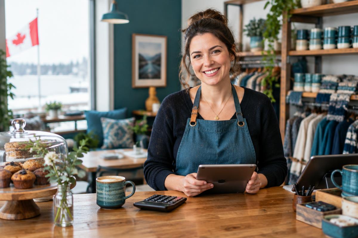 A small business owner at her café counter with a tablet