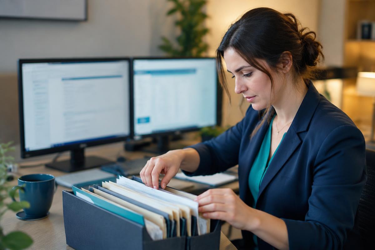 Filing pay statements at a tidy desk