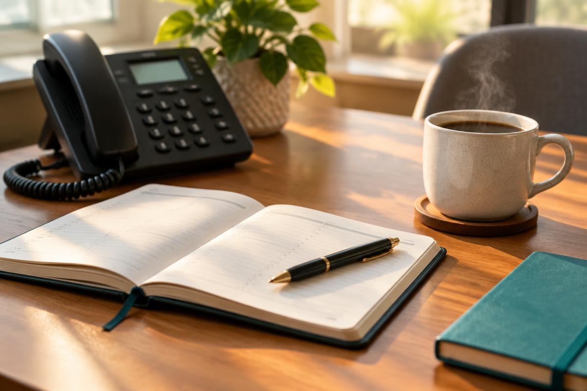 A welcoming desk with a telephone, planner and fresh coffee