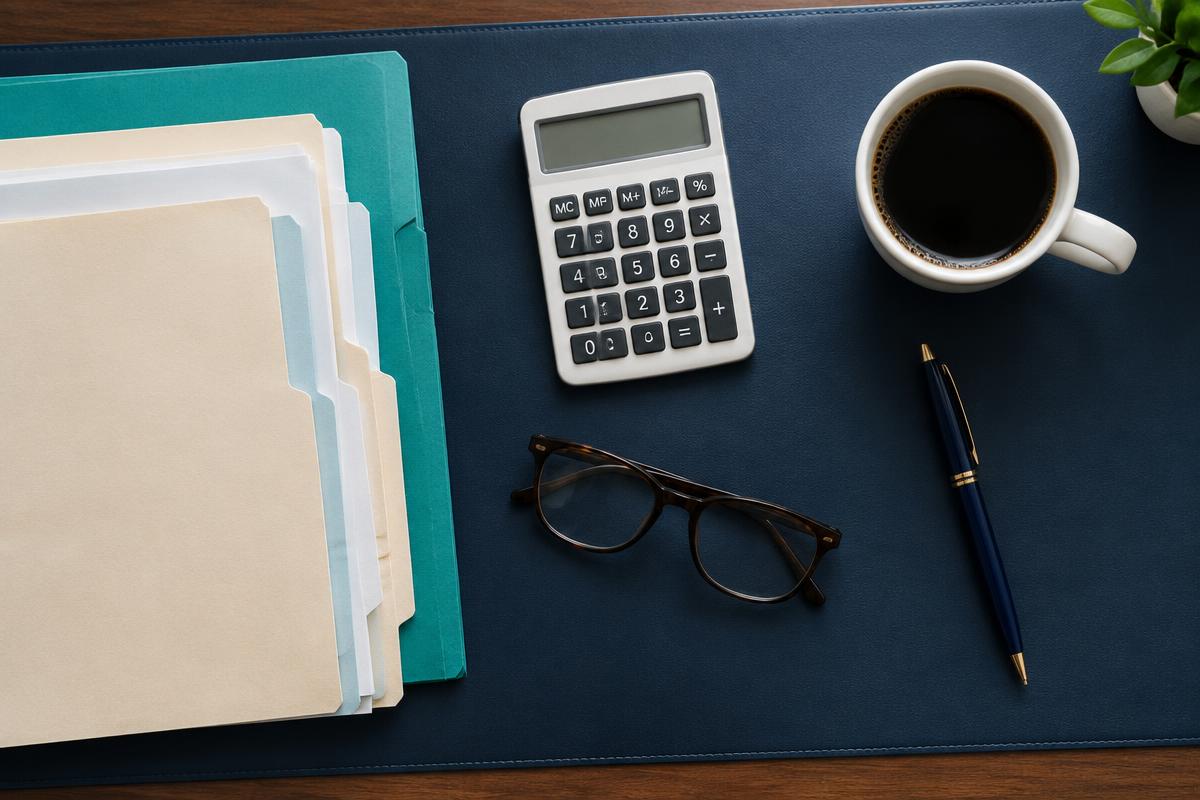 Organized tax folders, a calculator and coffee seen from above