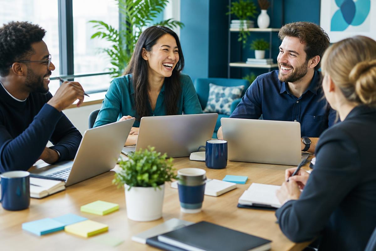 A small team laughing together around a conference table
